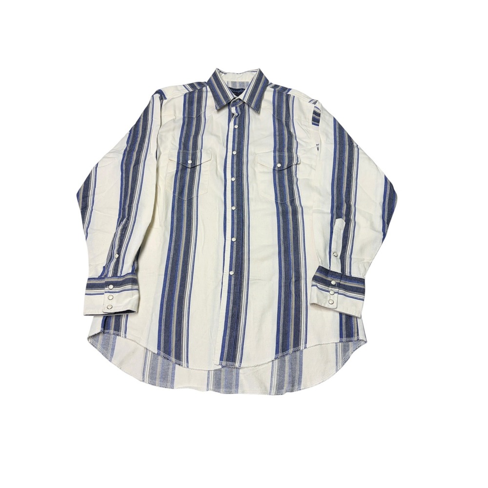 Vintage 90s Wrangler Western Snap Shirt Mens Blue Striped X-Long Tails Pearl